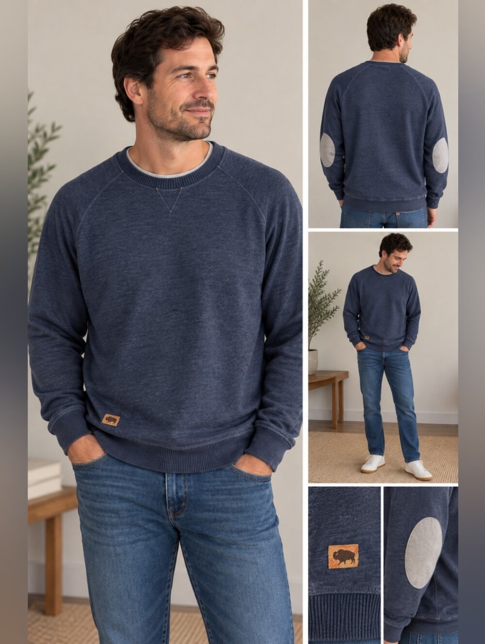 Buffalo Jackson men’s navy heather crewneck sweatshirt contrast elbow patch, M